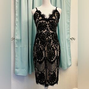 NWOT Sexy Elegant Black Lace Midi Dress, Body-con, lace spaghetti strap